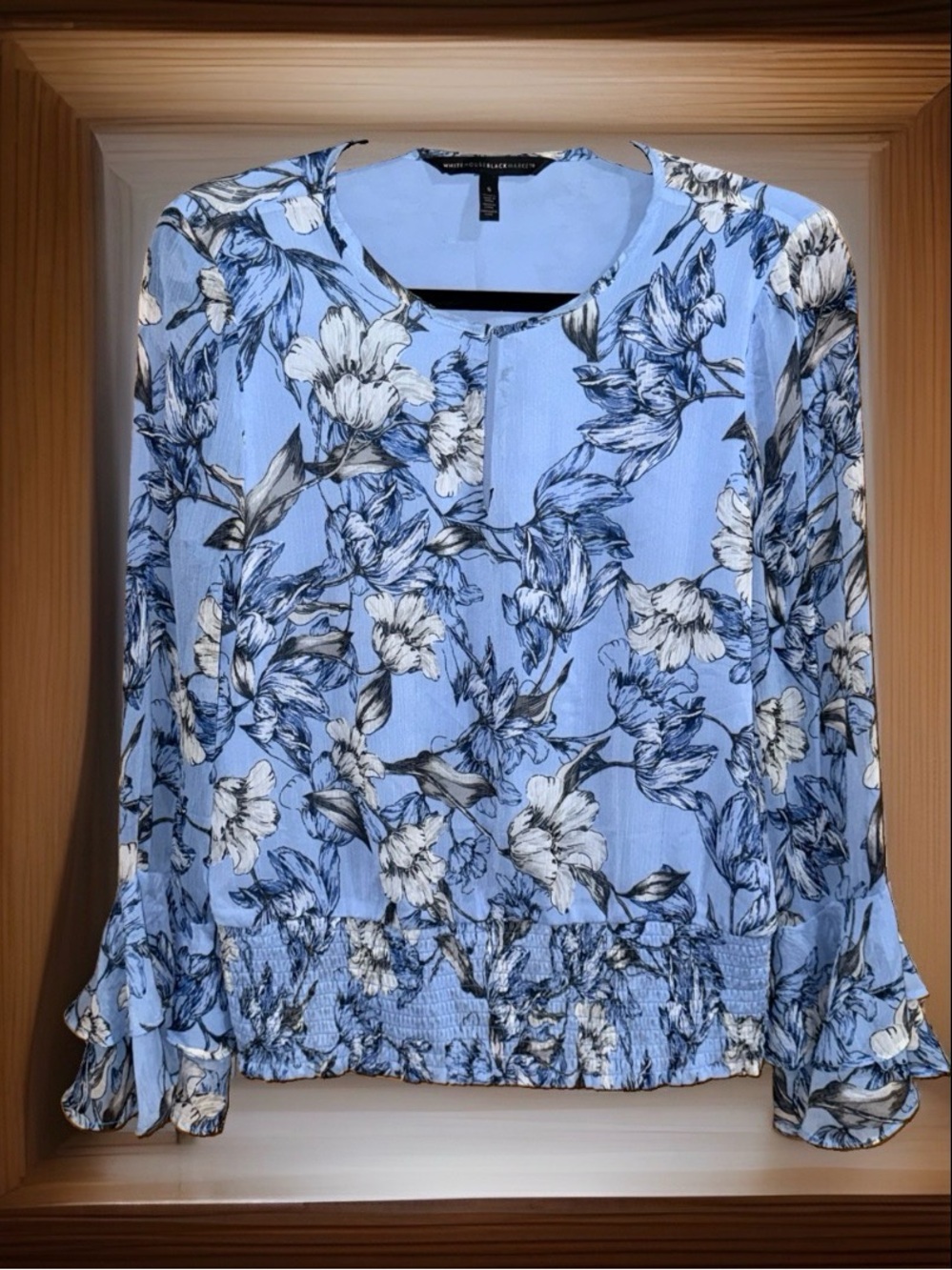 WHBM Light Blue Floral Blouse w/Smocked Waist & Bell Sleeve-S-EC